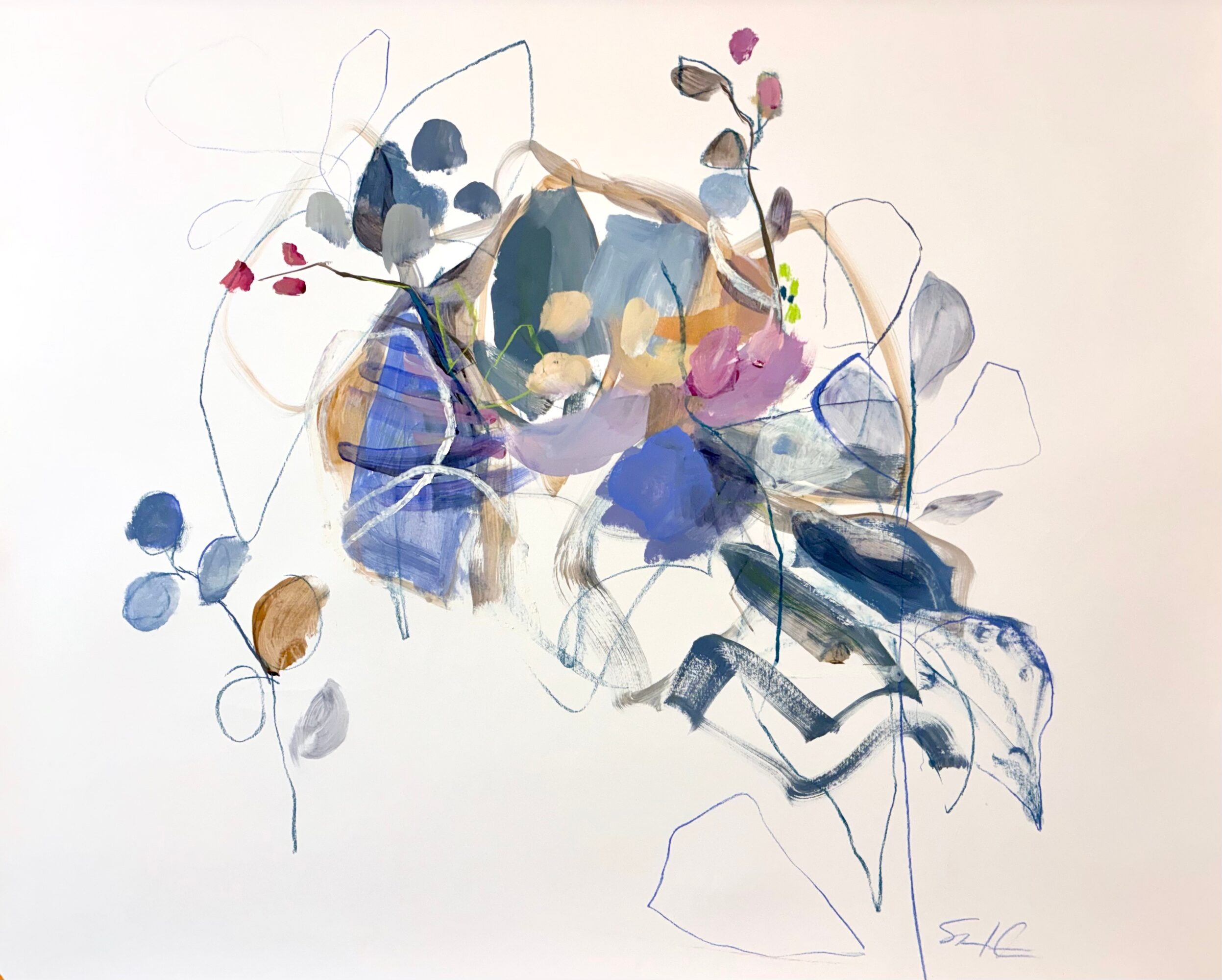 Abstract watercolor painting with blue, purple, pink, and brown shapes and lines on a white background.