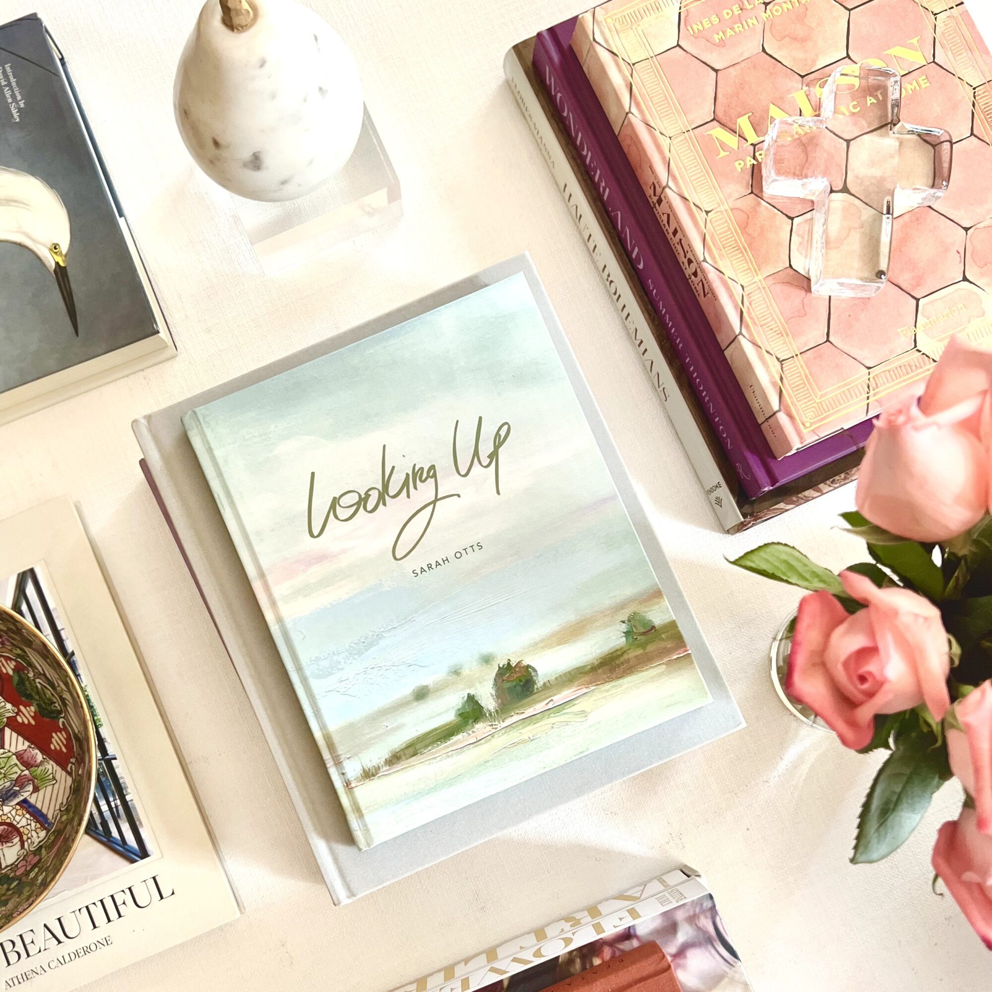 Book titled 'Looking Up' with a landscape cover, surrounded by flowers, a pink hexagonal object, and other books on a white surface.