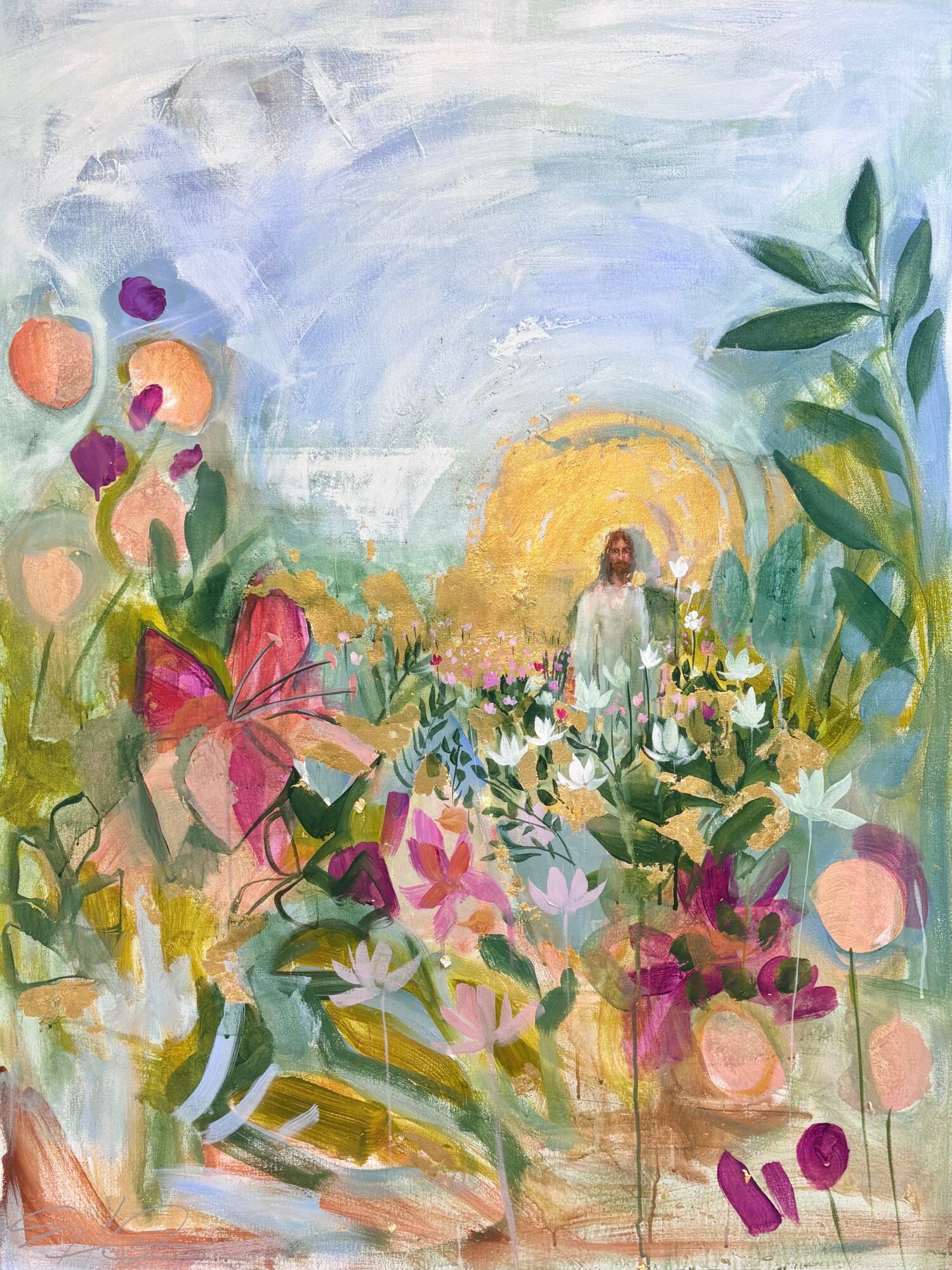 A person standing among colorful flowers and greenery with a bright sky background, painted in an impressionistic style.