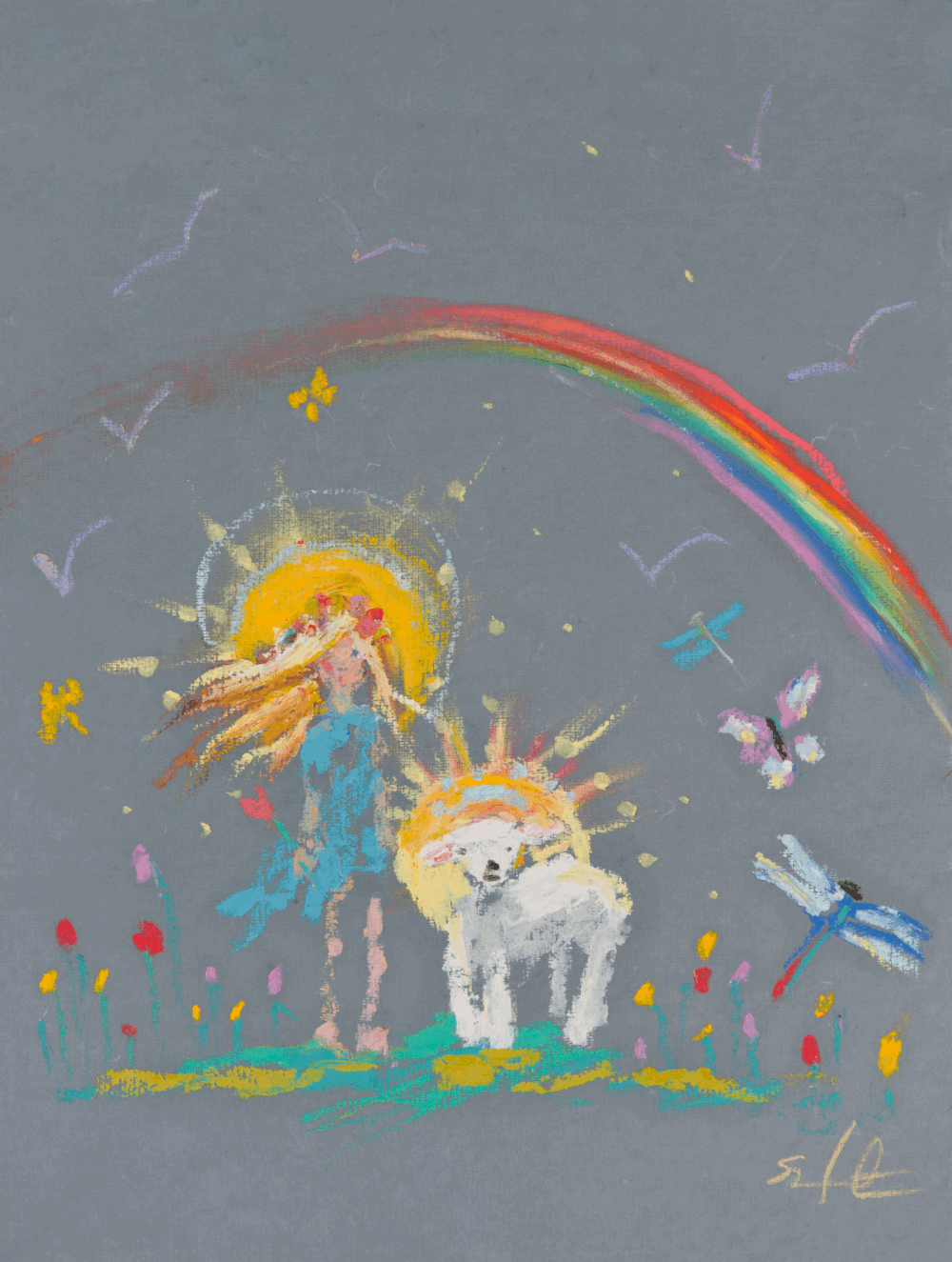 Children with halos under a rainbow and sun, surrounded by colorful flowers and butterflies, in a whimsical scene.