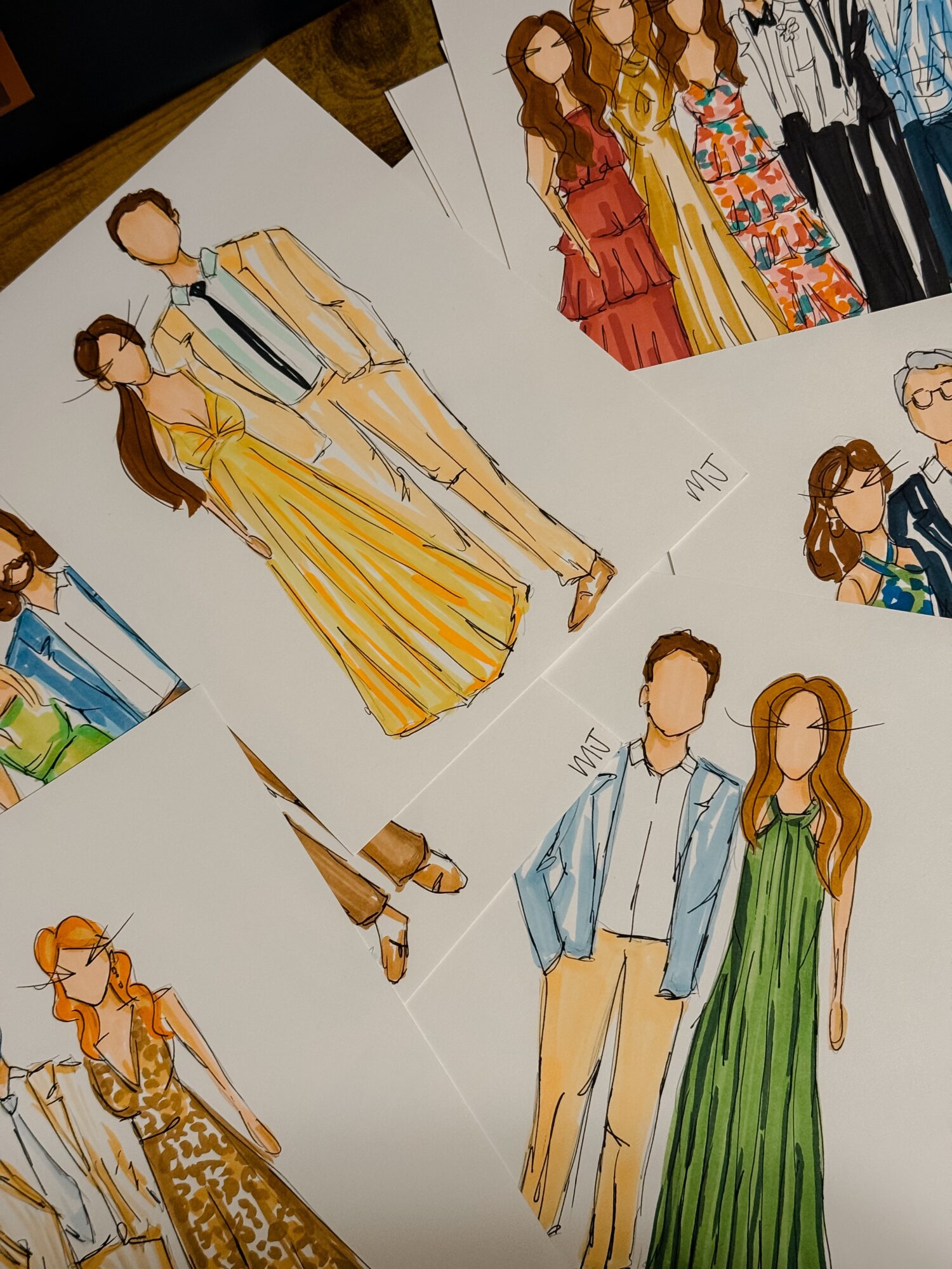 Collection of fashion illustrations featuring men and women in colorful clothing, some standing and some walking, on white backgrounds.
