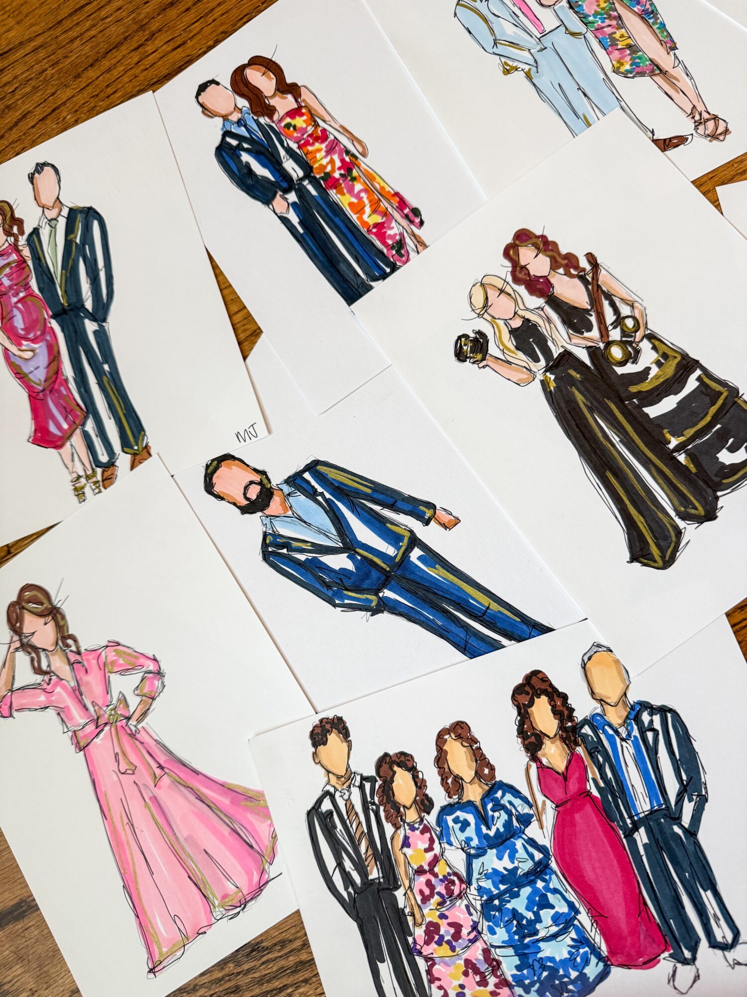 Fashion sketches of people in colorful and elegant clothing, including dresses and suits, on white backgrounds.