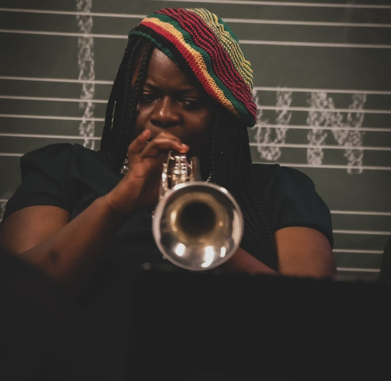 Person playing trumpet, wearing a colorful knit hat, in front of window blinds, focused on instrument.
