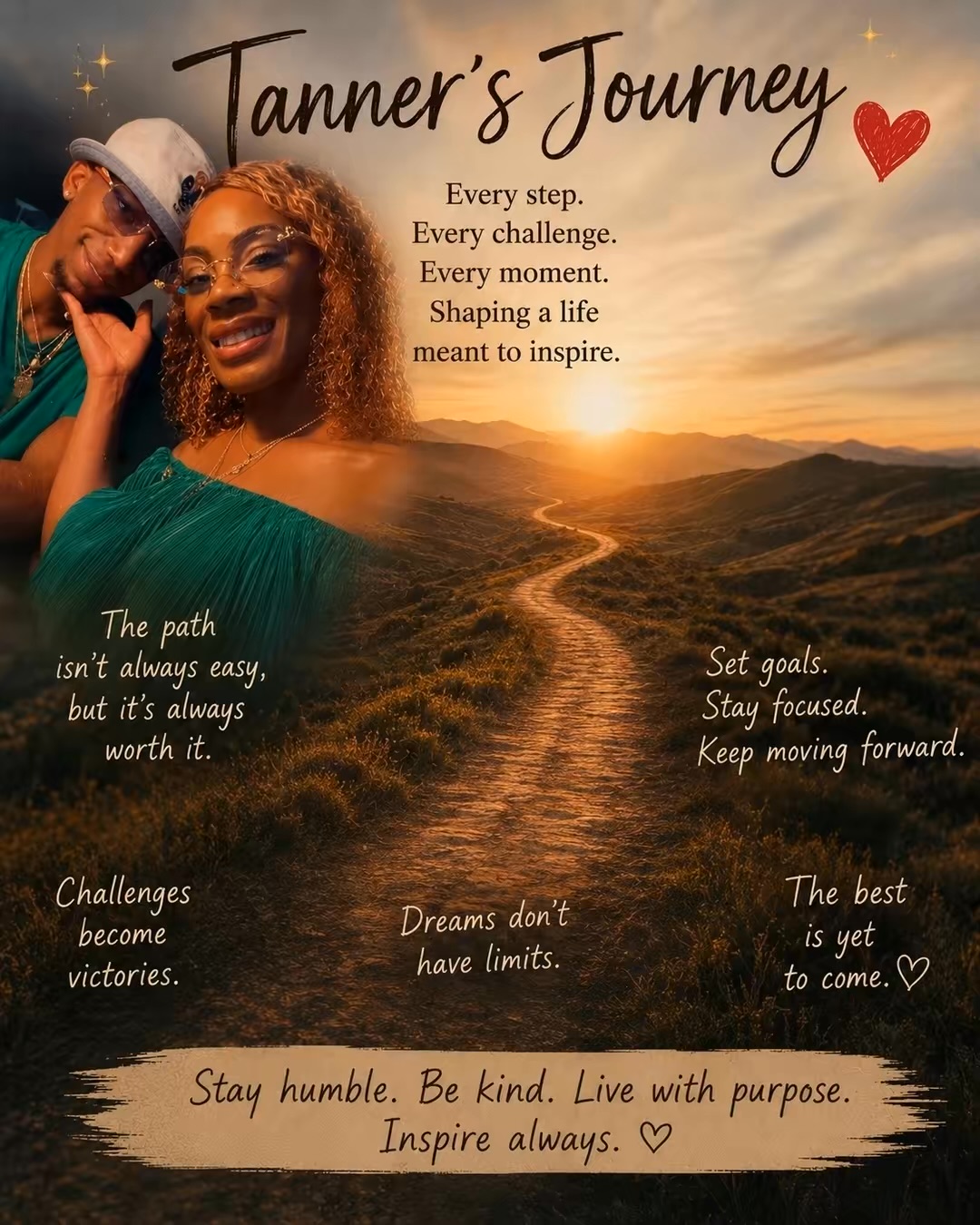 A woman with curly hair smiling, holding a hat, with a sunset over hills in the background. Text about journey and inspiration.