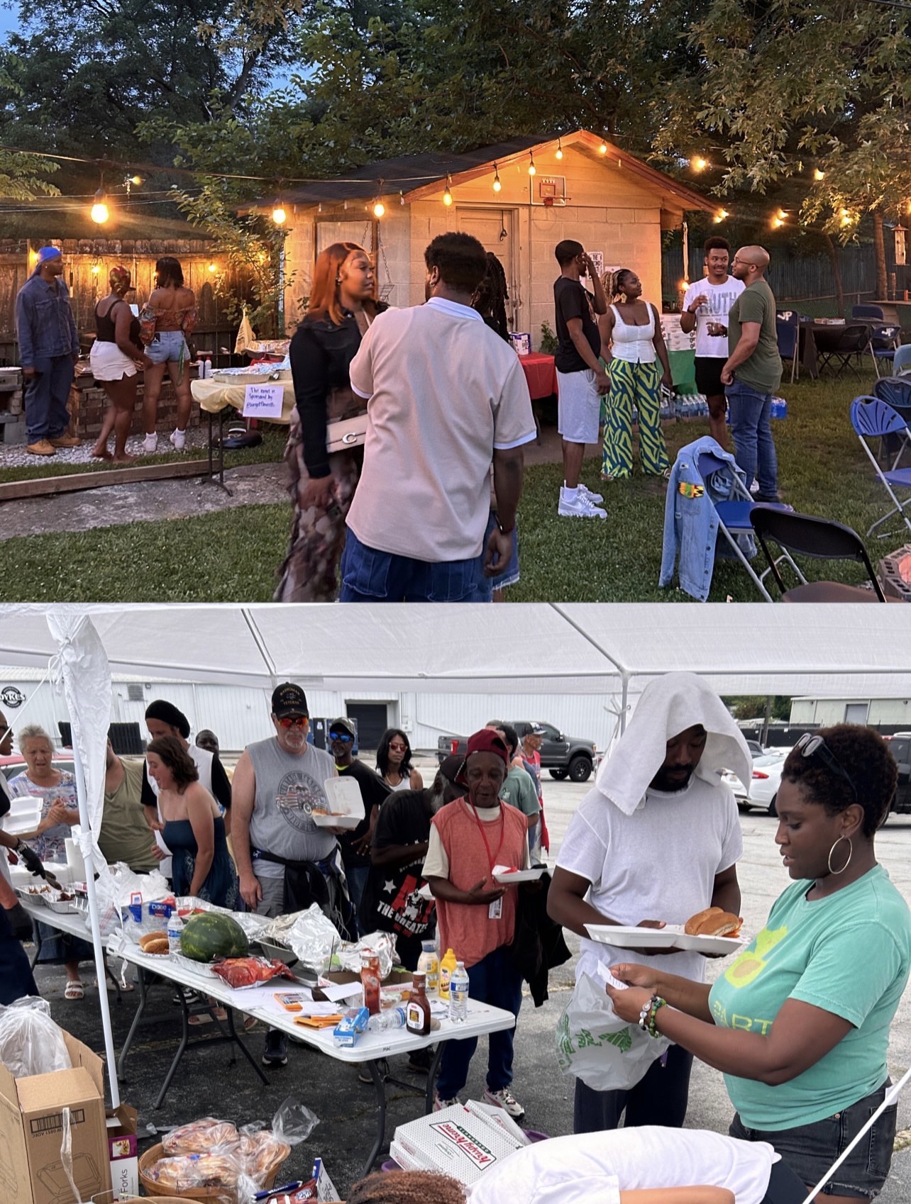 People gather outdoors at a party with string lights, some near a small building, others around tables with food, in evening light.
