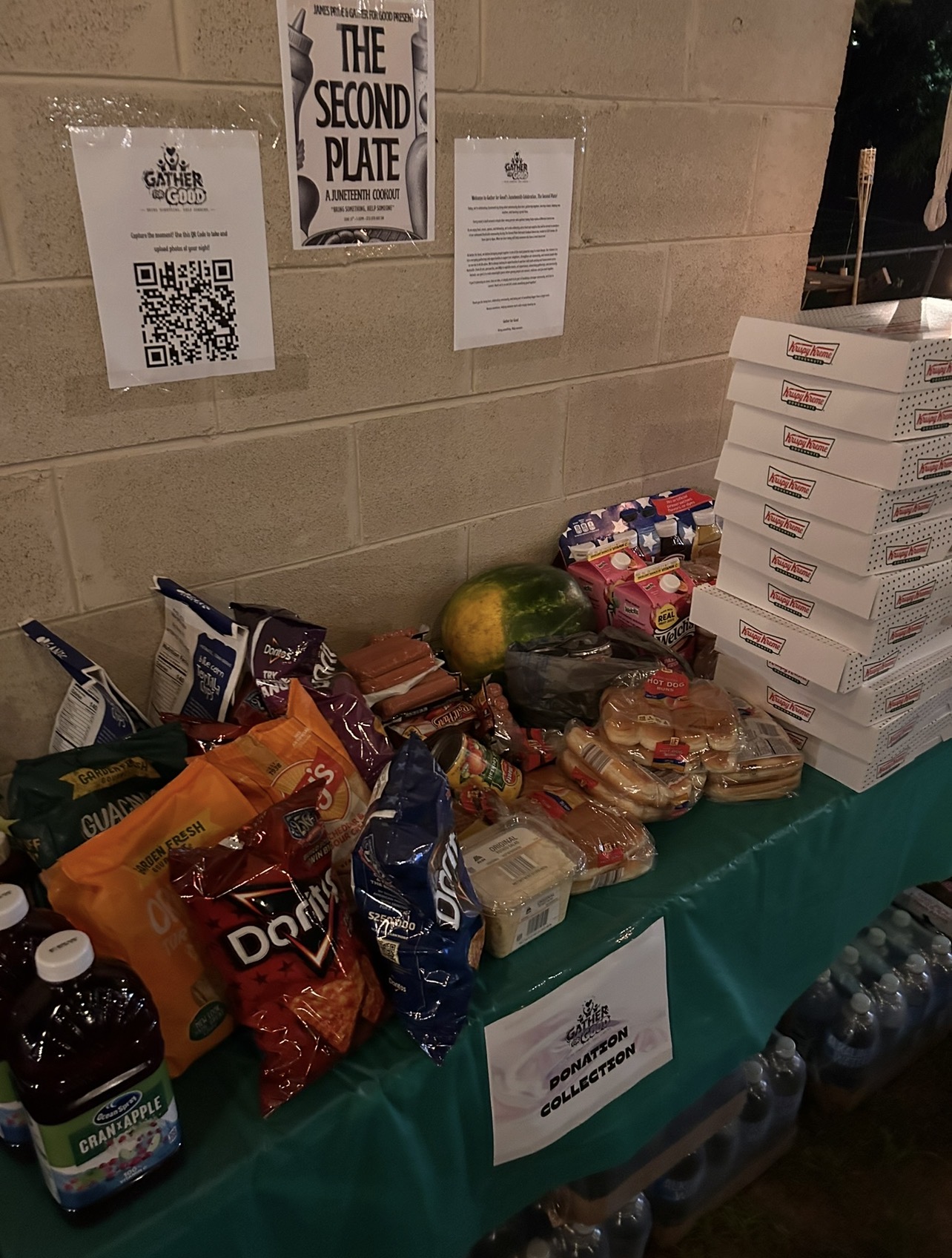 Table with stacked pizza boxes, snacks, and water bottles against a brick wall, with signs and QR code above.