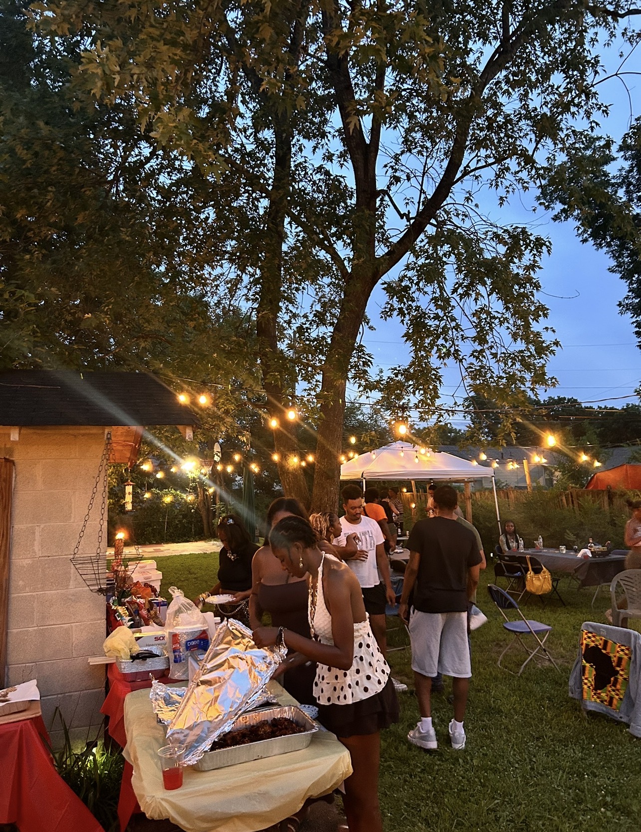 Group of people gathered outdoors in a garden with string lights, trees, and a table with items, during evening.