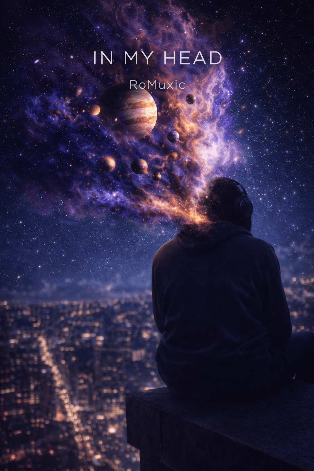Person sitting on a ledge looking at a galaxy with planets and stars, with text 'IN MY HEAD' and 'RoMuxic' above.