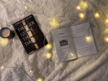 Open book and closed book on a soft surface with string lights, a candle, and a small container nearby.