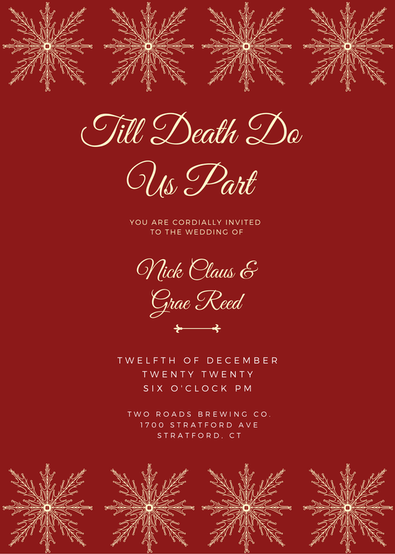 Red wedding invitation with gold snowflakes, white text, and decorative elements, announcing the wedding of Nick Clay and Grace Reed.