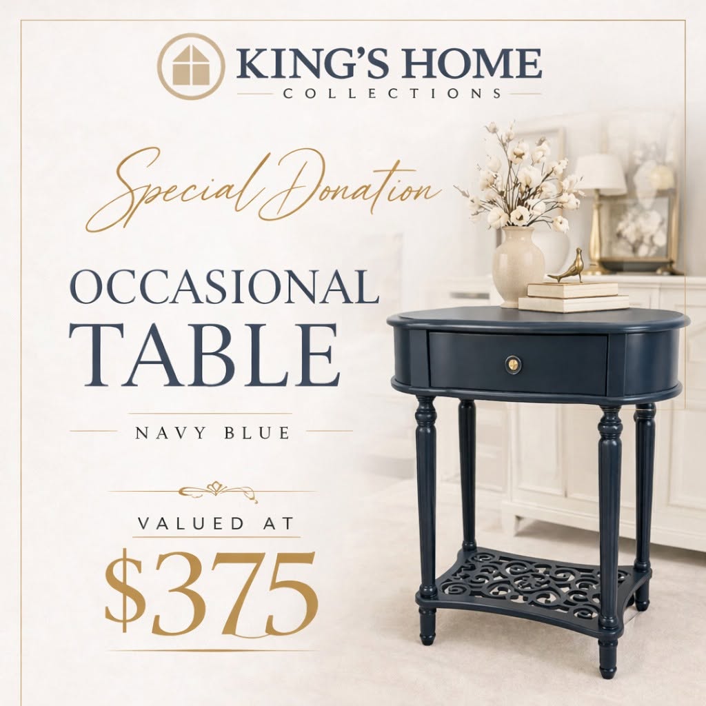 Advertisement for King's Home Collections featuring a navy blue occasional table valued at $375, with a vase and decorative items in the background.