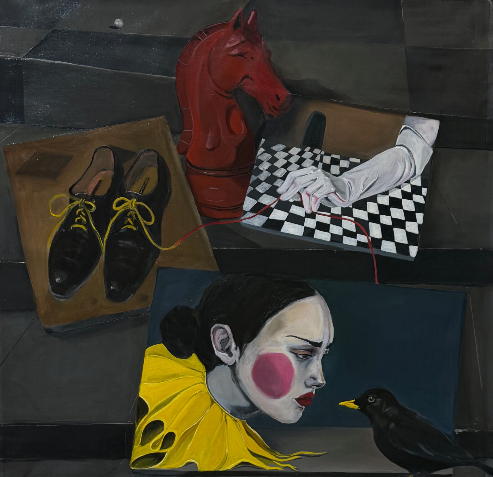 A painting features a red horse head, black shoes with yellow laces, a woman with clown makeup, and a black bird.