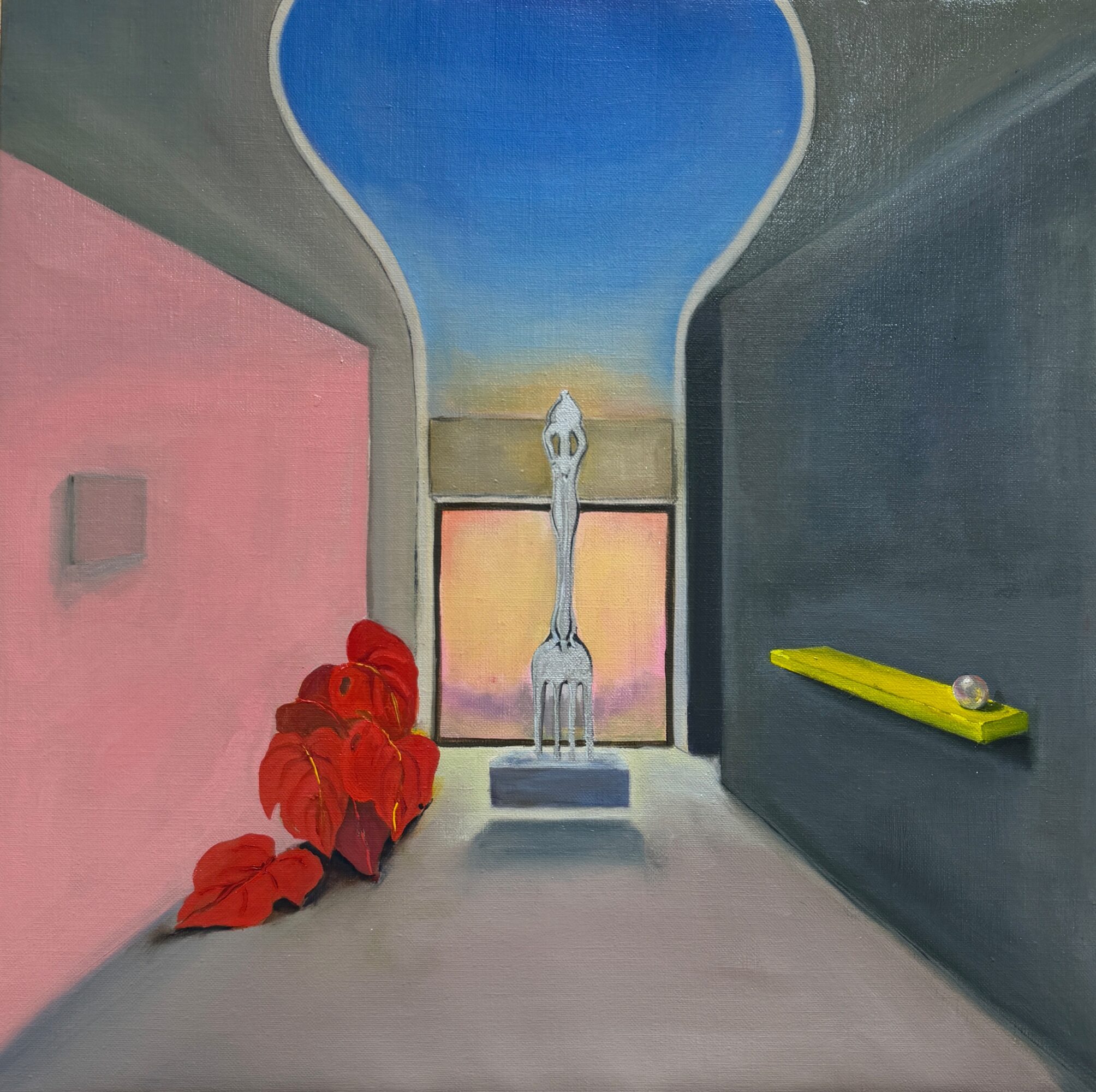A surreal hallway with a fork sculpture, red leaves, a window with sunset, and a yellow object on the wall.