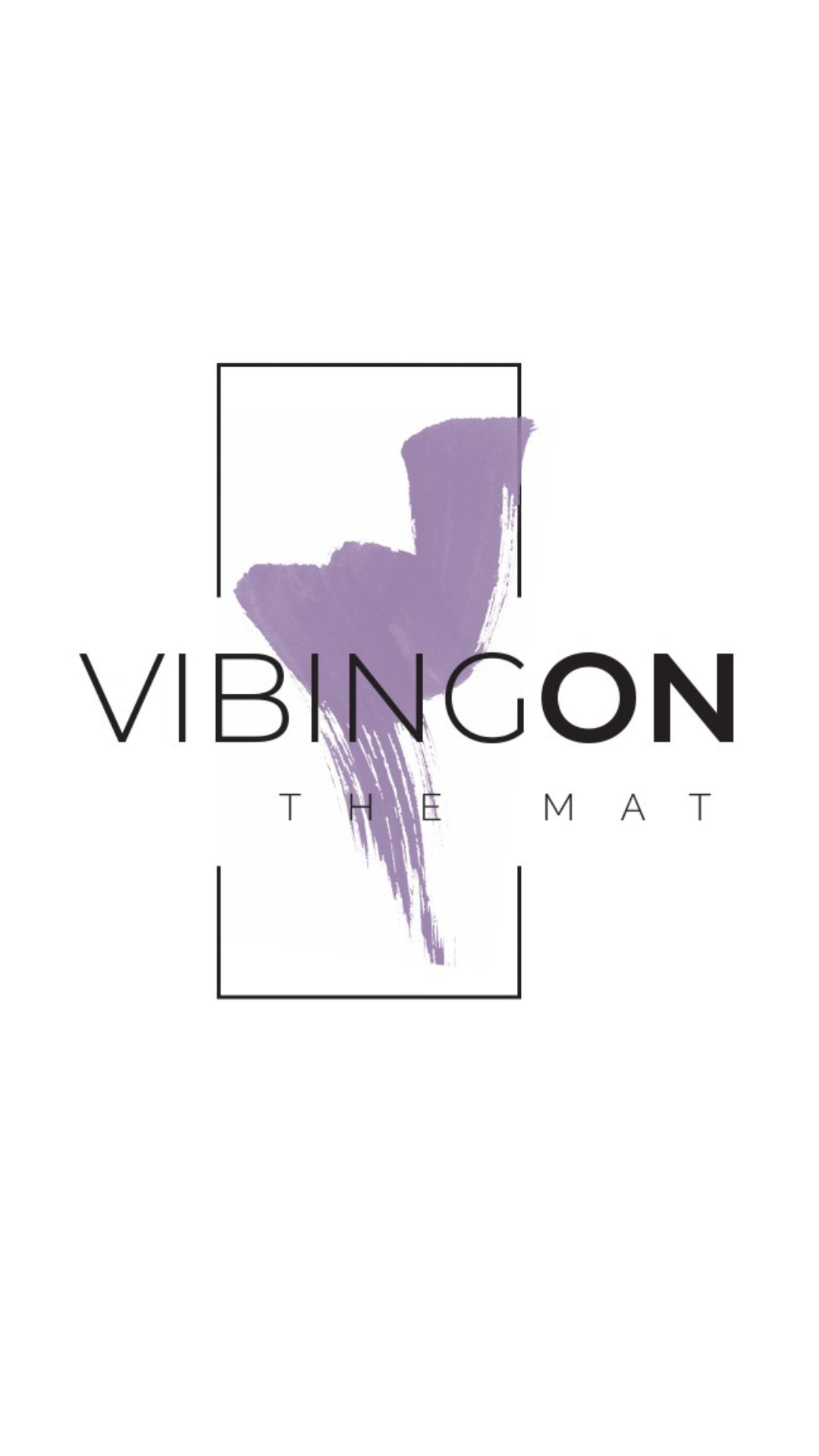 Logo with purple abstract shape, text 'VIBING ON THE MAT', and geometric lines, on a white background.
