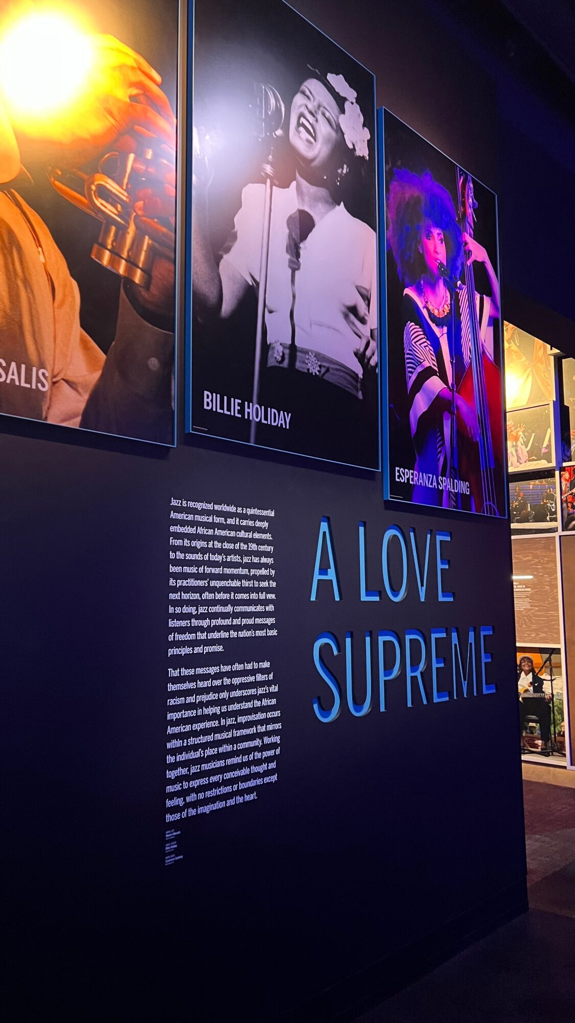 Display panel with images of Billie Holiday and other musicians, with text about a love for music, in a dark setting.