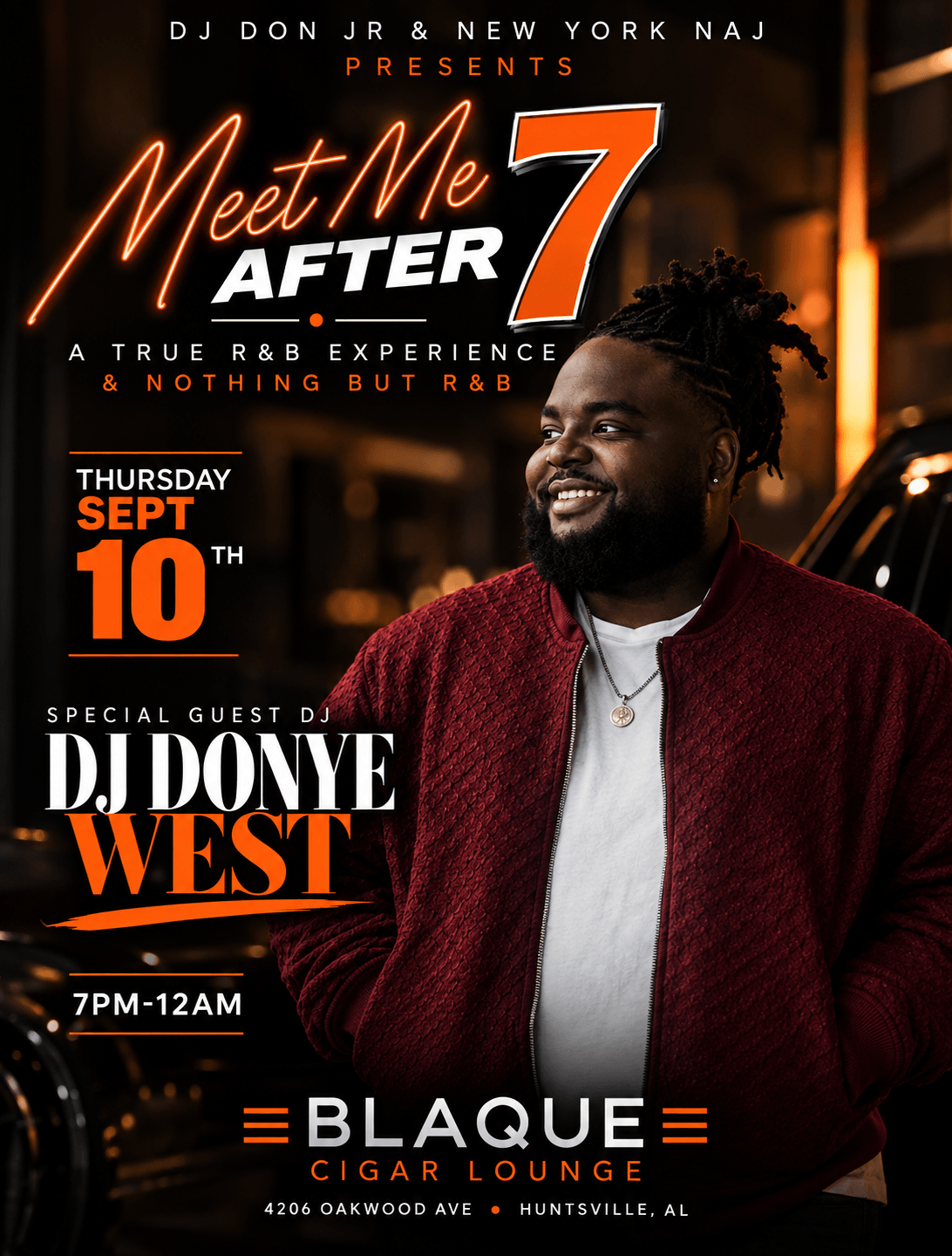 Man smiling in a red jacket at a nightclub event poster with event details and DJ guest.