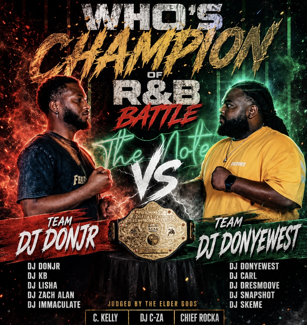 Two men face each other with a championship belt between them, colorful background, text about a music battle event.