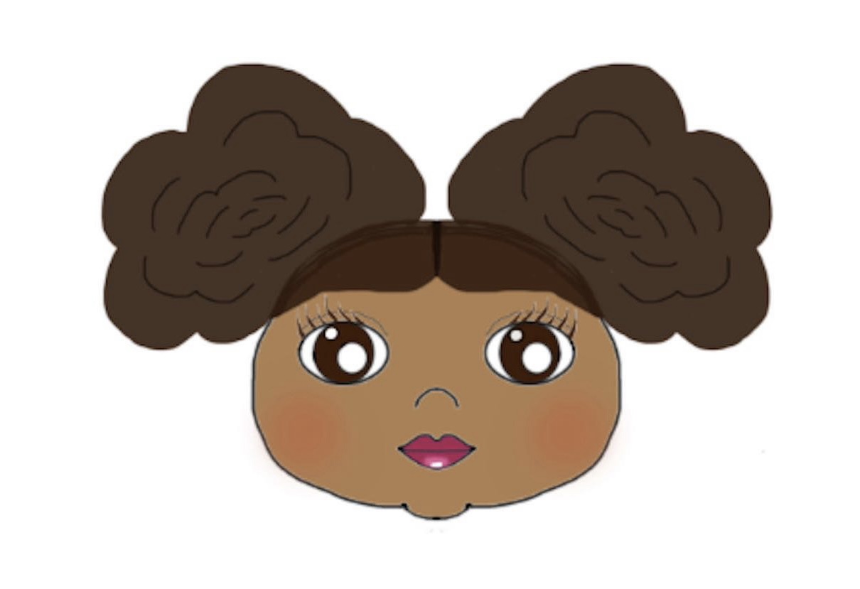 Cartoon girl with large brown puffy hair styled in two buns, big eyes, and pink lips.