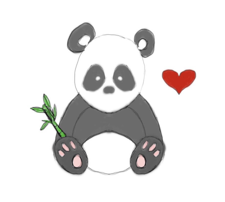 Cute panda holding bamboo with a red heart nearby, sitting with paws visible, on a white background.