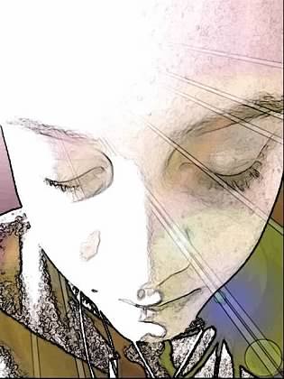 Close-up of a person's face with eyes closed, showing detailed facial features and a colorful background.