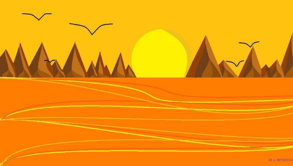 Sunset over mountains with birds flying, bright yellow sun, orange landscape, and stylized mountains in the background.