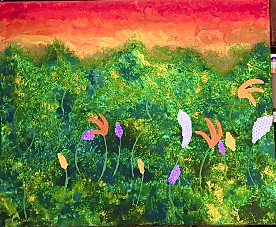 Colorful landscape with green trees, purple and white flowers, and a red-orange sky at sunset.