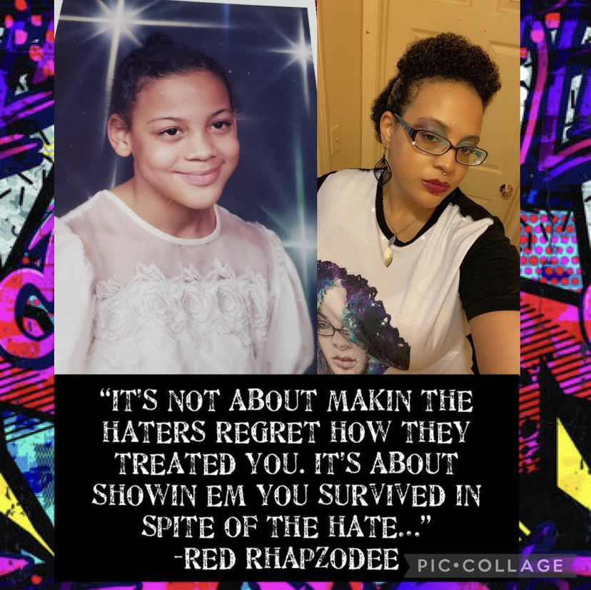 Two young women, one smiling and the other with glasses, are in a collage with colorful patterns. Text quote about resilience.
