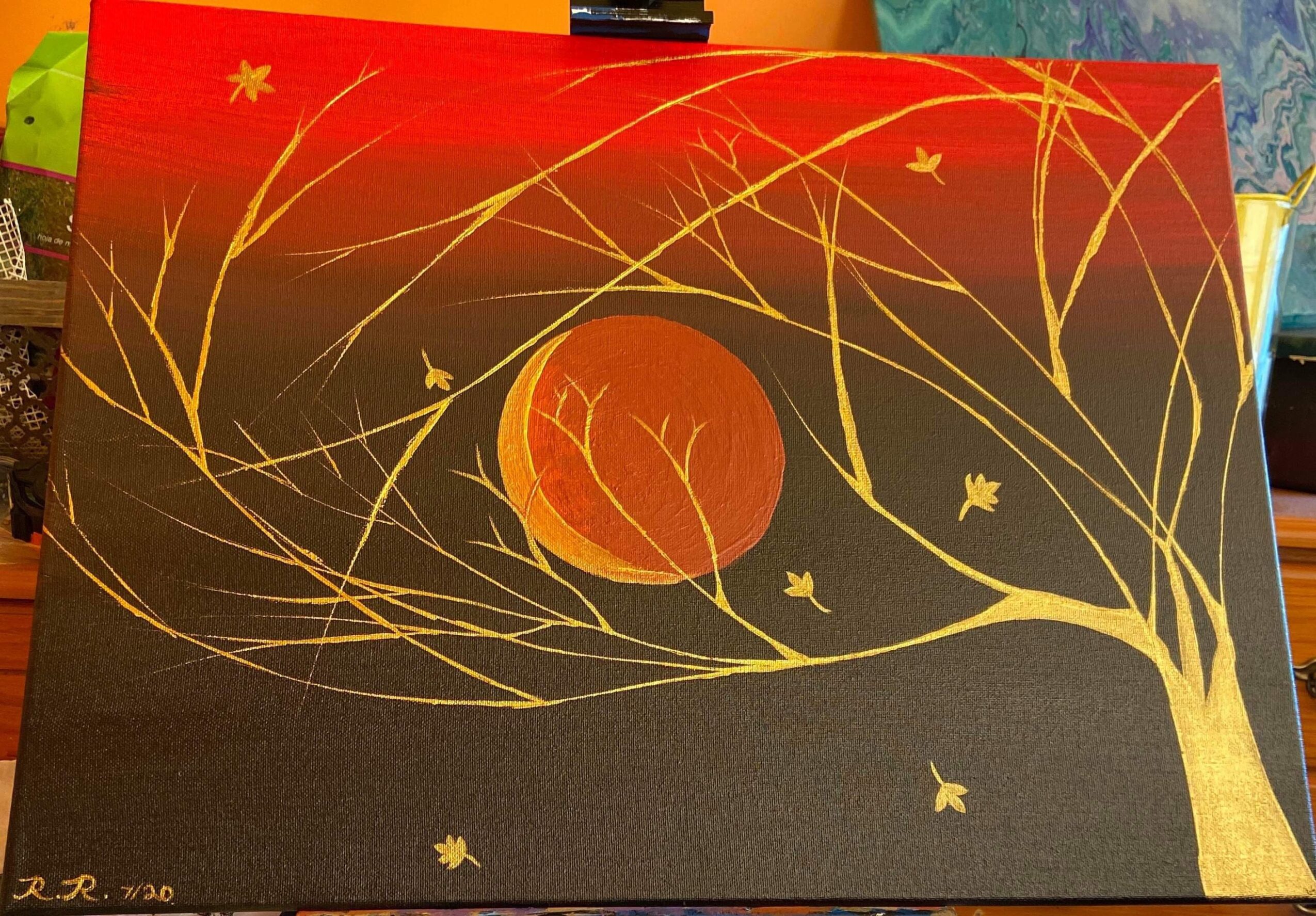 Abstract painting with a red circle, golden lines, and small yellow shapes on a dark background.