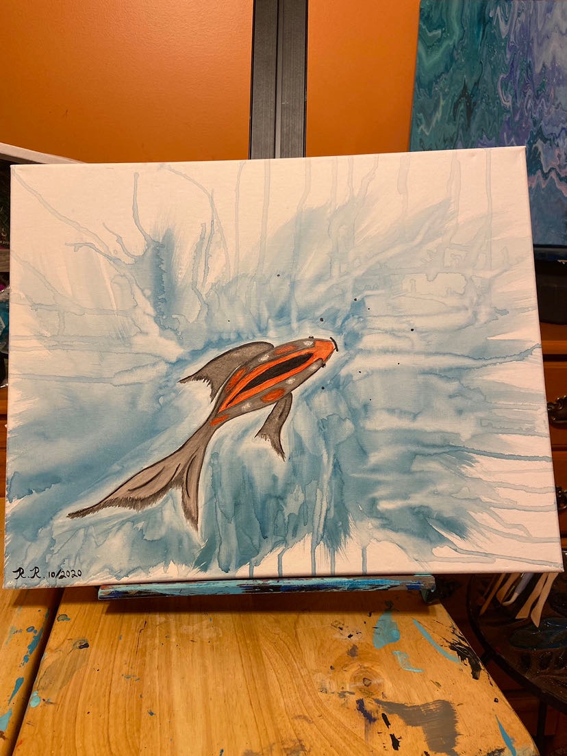 Painting of a fish swimming in blue water with splashes around it, on a white background.