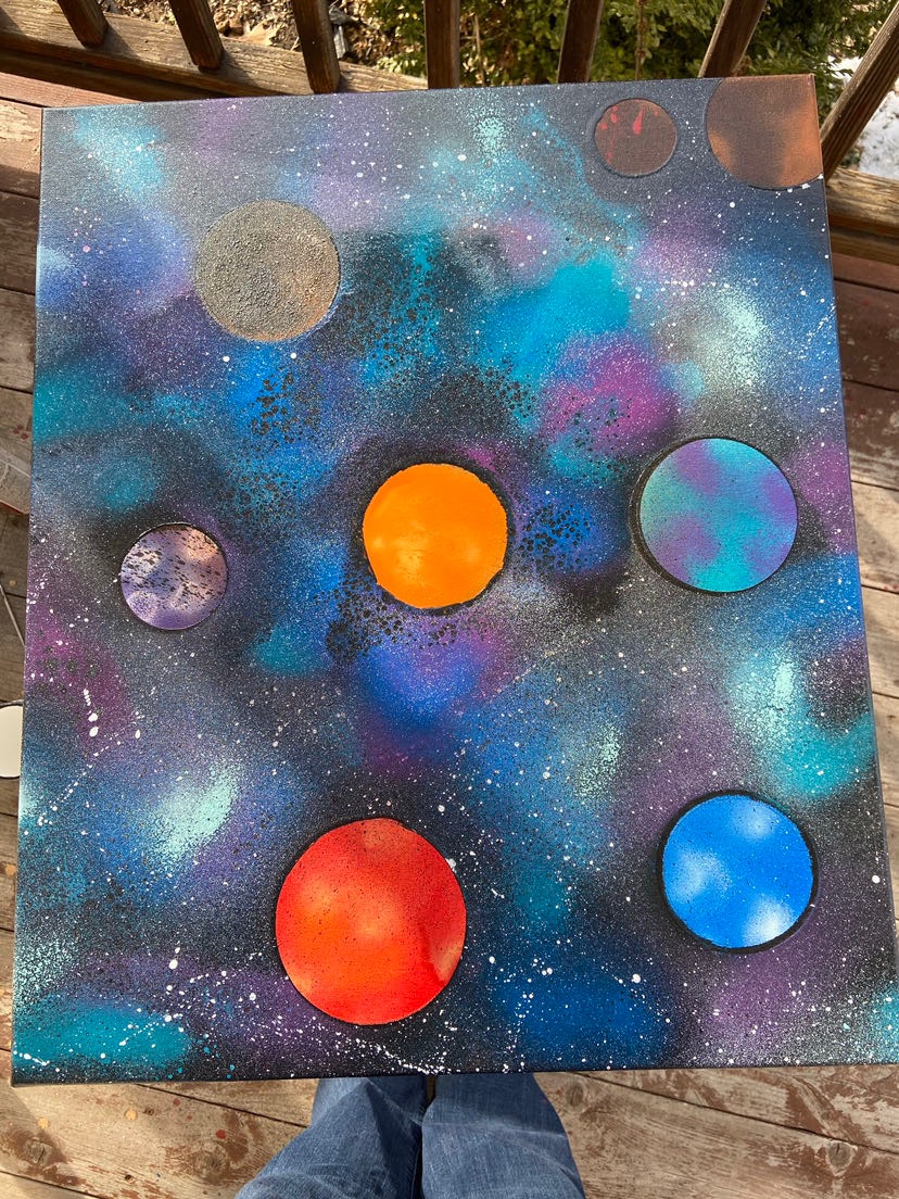 Painted space scene with planets and stars, featuring a colorful galaxy background with six planets of various colors and sizes.