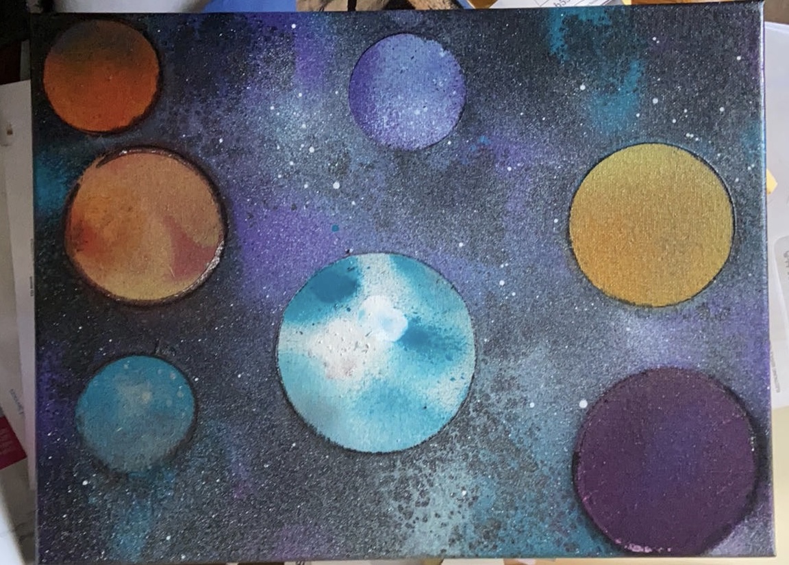 Painting of colorful planets and stars in space with a dark background.