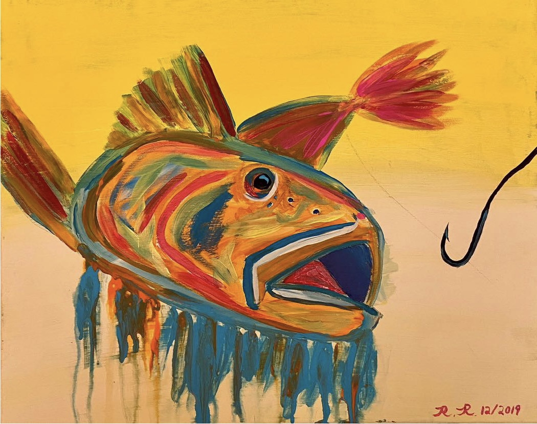 Colorful fish with open mouth and large eye against yellow background, painted in an abstract style.