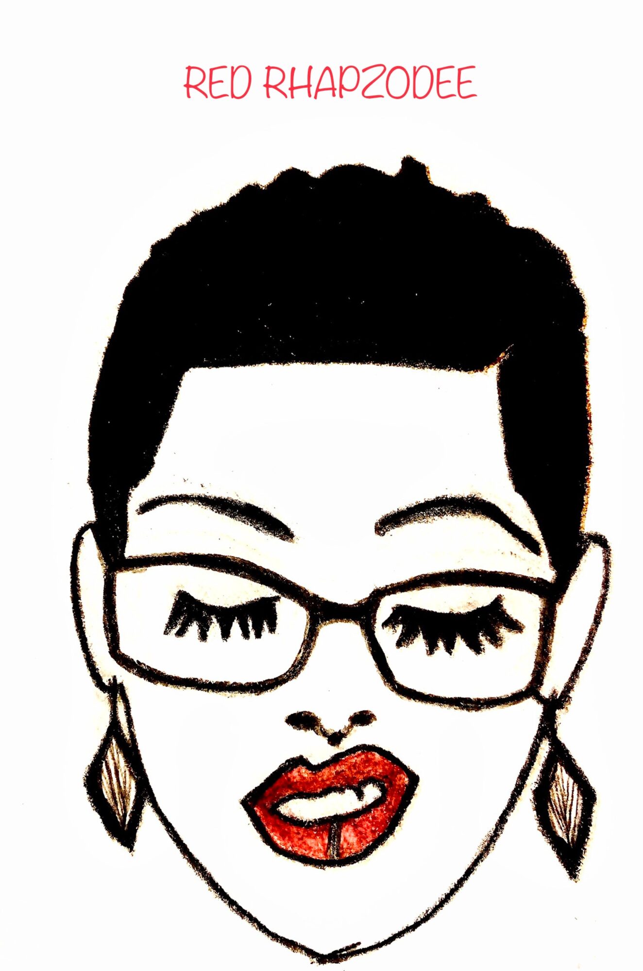 Drawing of a woman with glasses, earrings, and red lips, with text 'RED RHAP2OOEE' above her head.