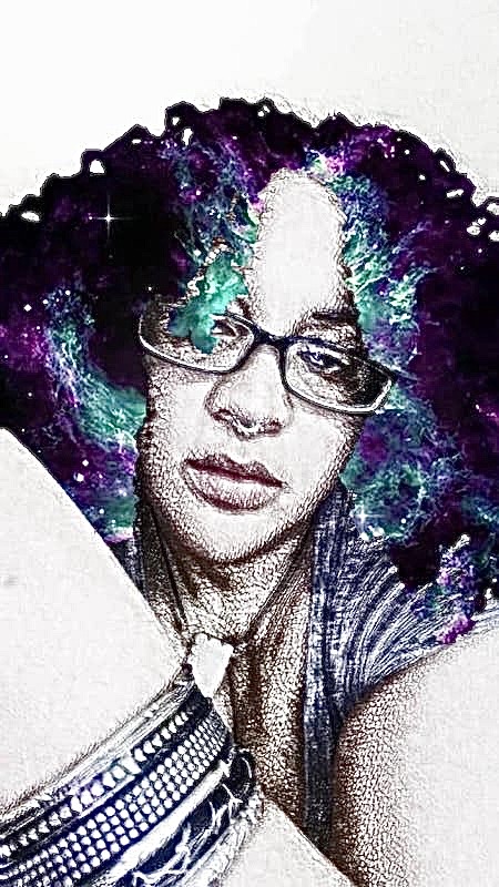 Portrait of a woman with glasses, curly hair, and multiple bracelets, with colorful abstract background.