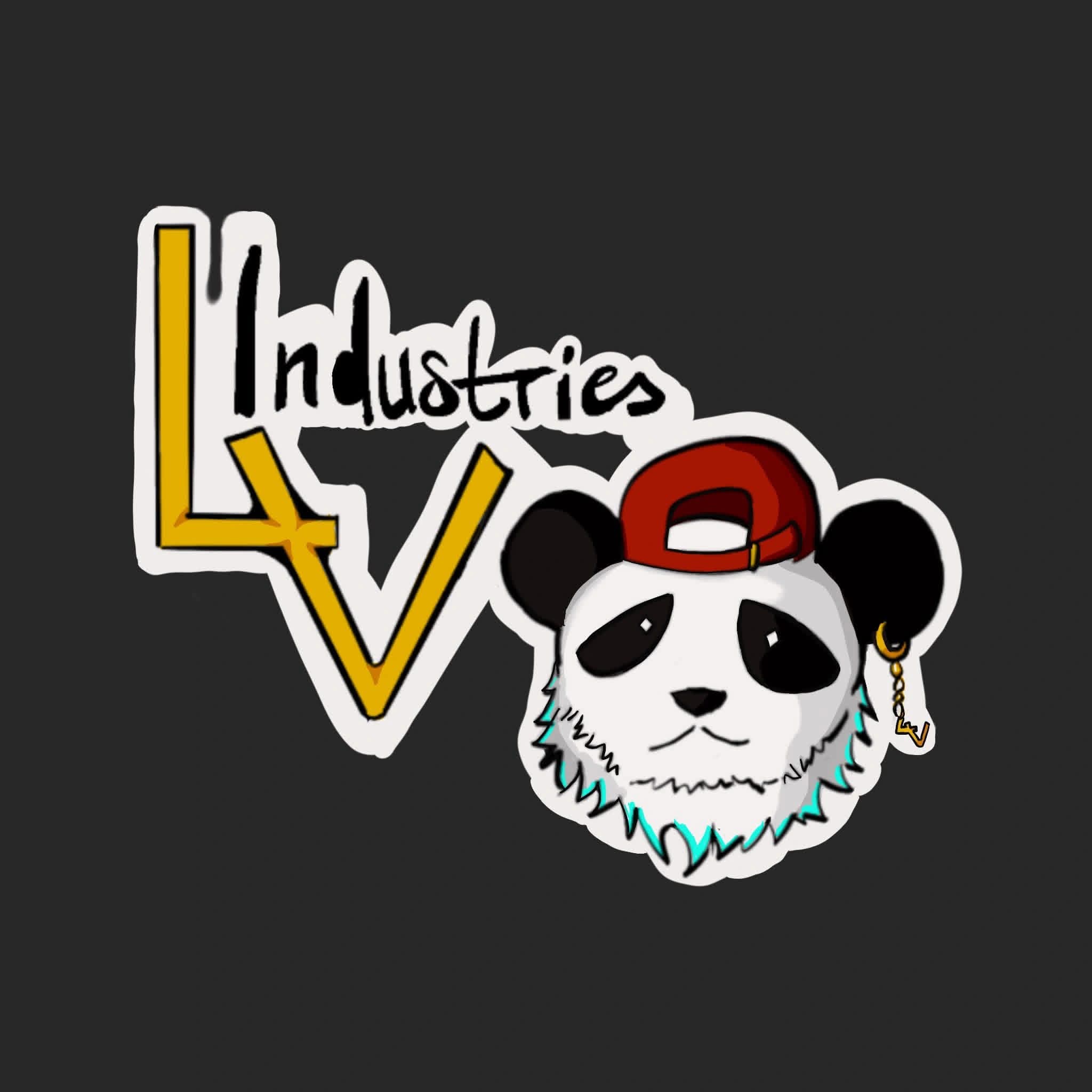 Logo with stylized text 'Industries LV' and a panda face wearing a red cap, on a black background.