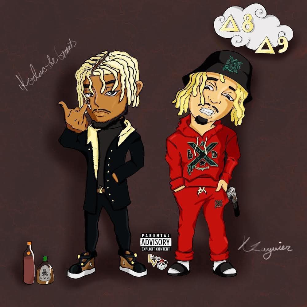 Two animated characters with blonde hair, one in a black jacket and the other in a red hoodie, standing with accessories.
