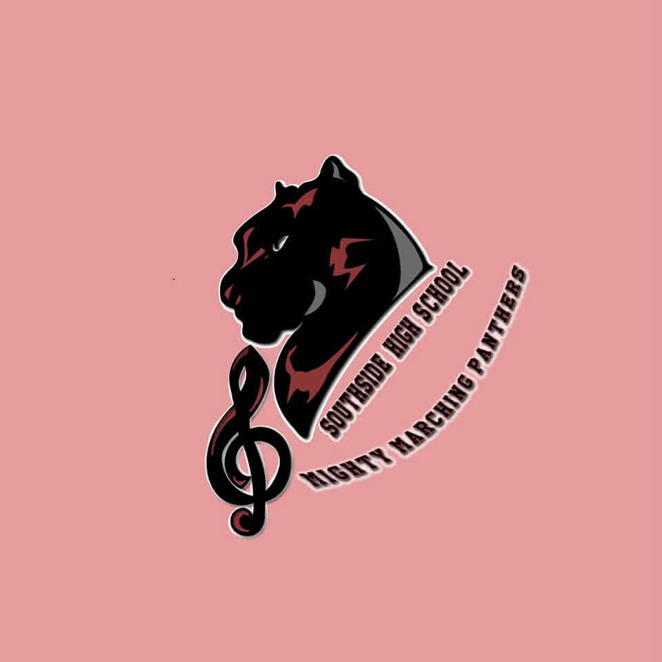 Black panther head with musical note and text for high school band on pink background.