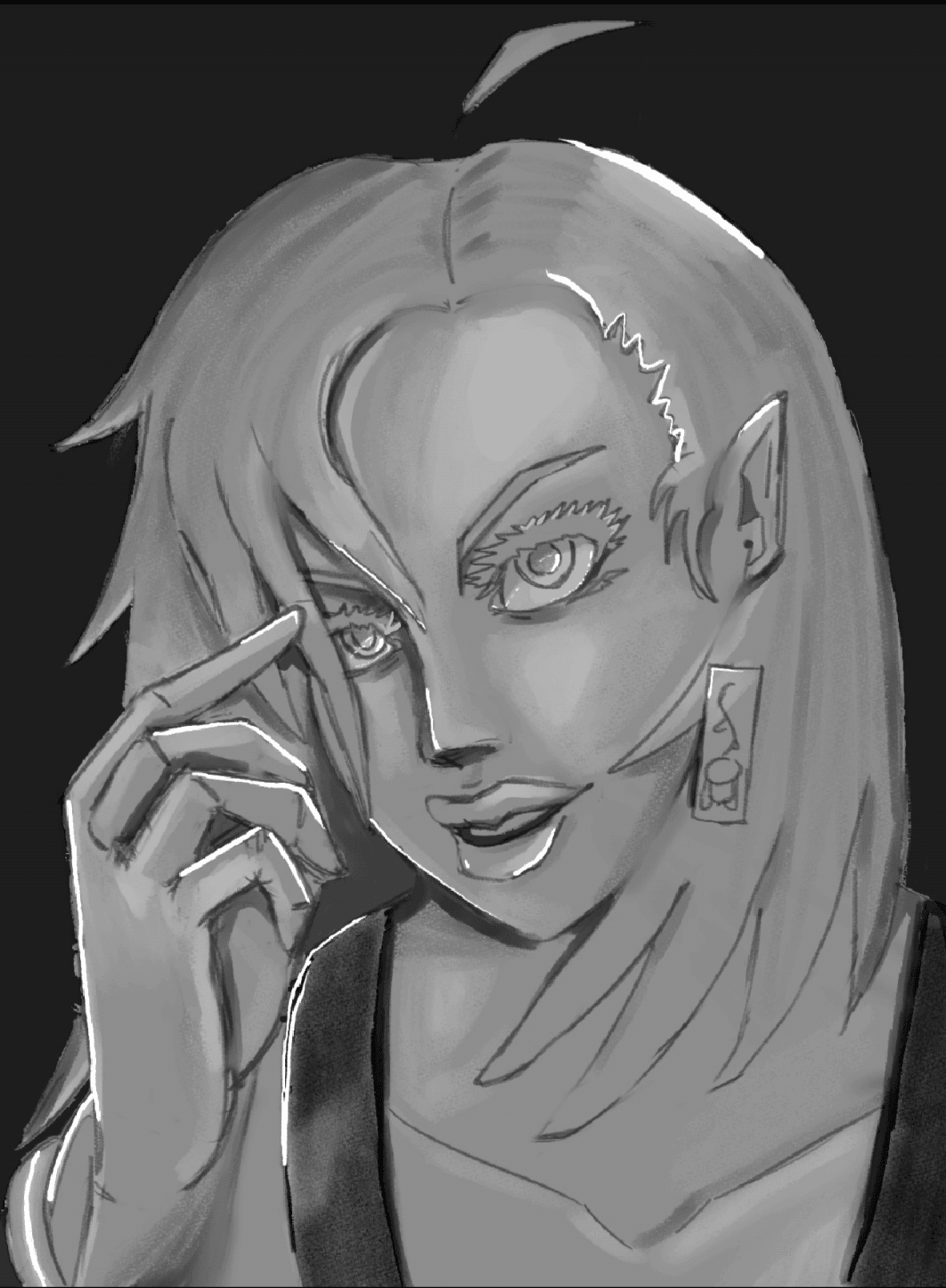 Black and white portrait of a woman with pointed ears, short hair, and intense eyes, touching her face with her hand.