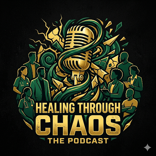 Illustration of a microphone surrounded by chaotic elements and people, with text 'Healing Through Chaos' and 'The Podcast'.