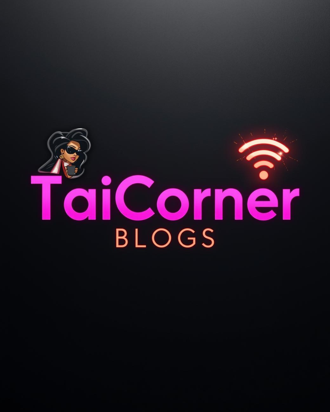 Logo with a woman wearing sunglasses, Wi-Fi symbol, and text 'TaiCorner BLOGS' on a black background.