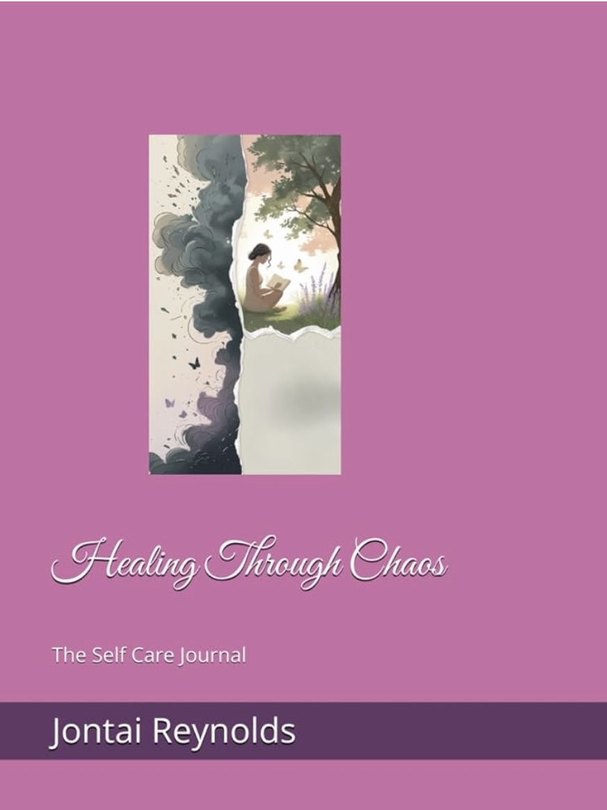 Book cover with a pink background, illustration of a person sitting under a tree, title 'Healing Through Chaos', author Jontai Reynolds.