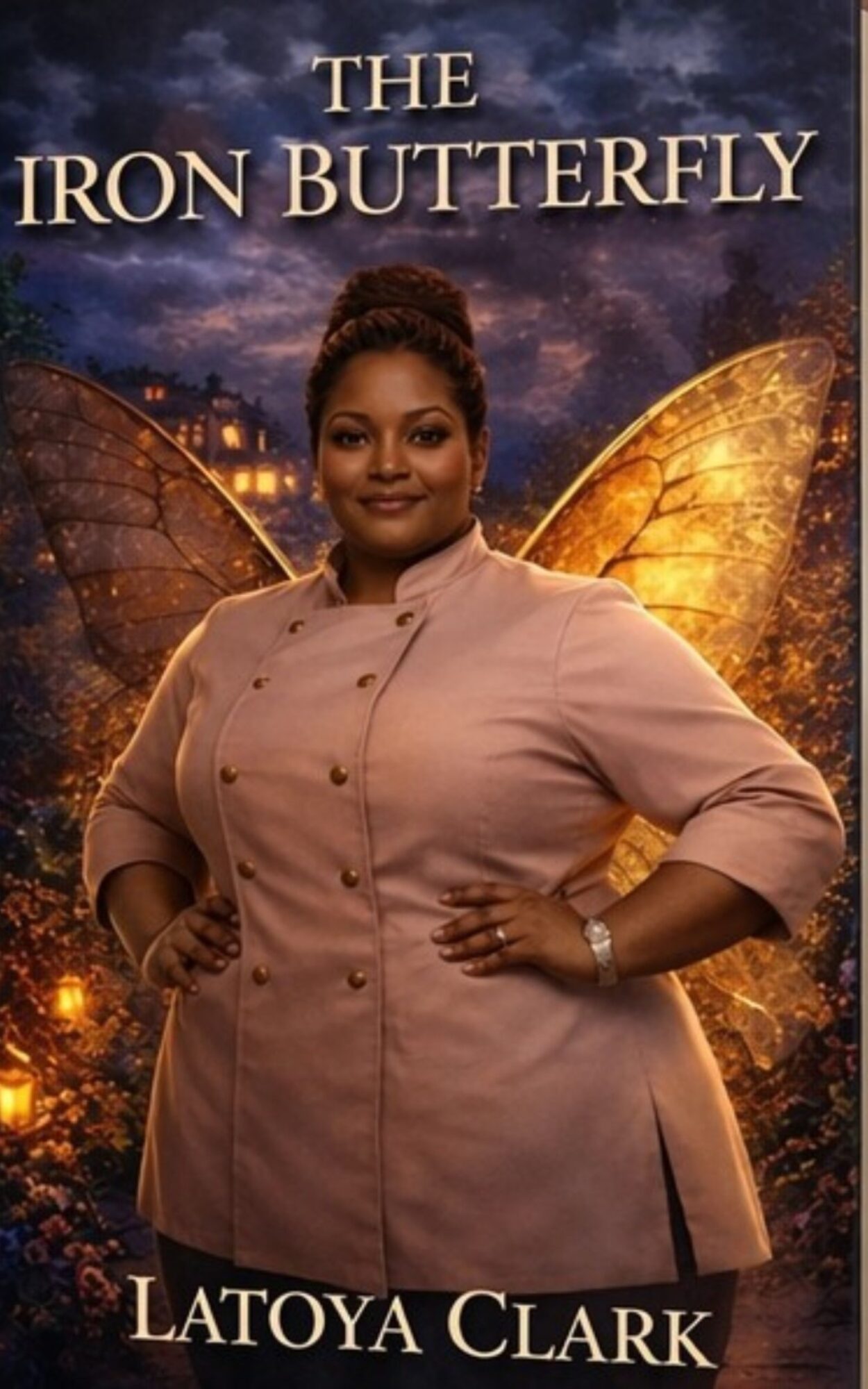 Woman with butterfly wings standing outdoors at night, smiling, wearing a light pink chef's coat, hands on hips.