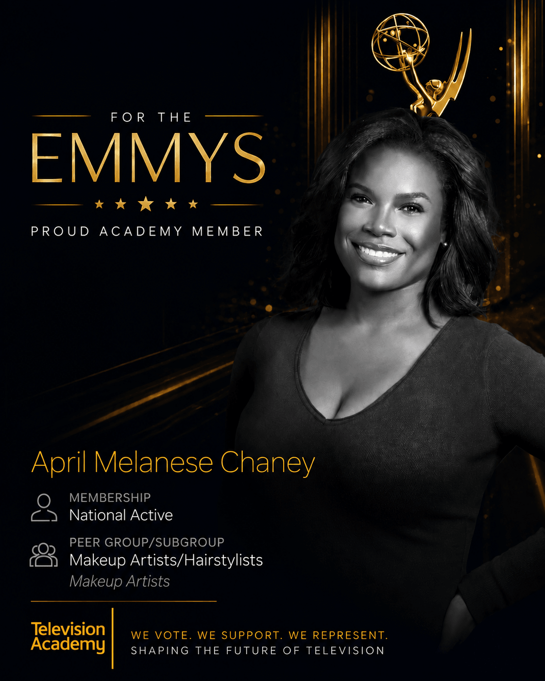 Black and white portrait of a smiling woman with shoulder-length hair, with Emmy award statue above her head, text about Emmy membership.