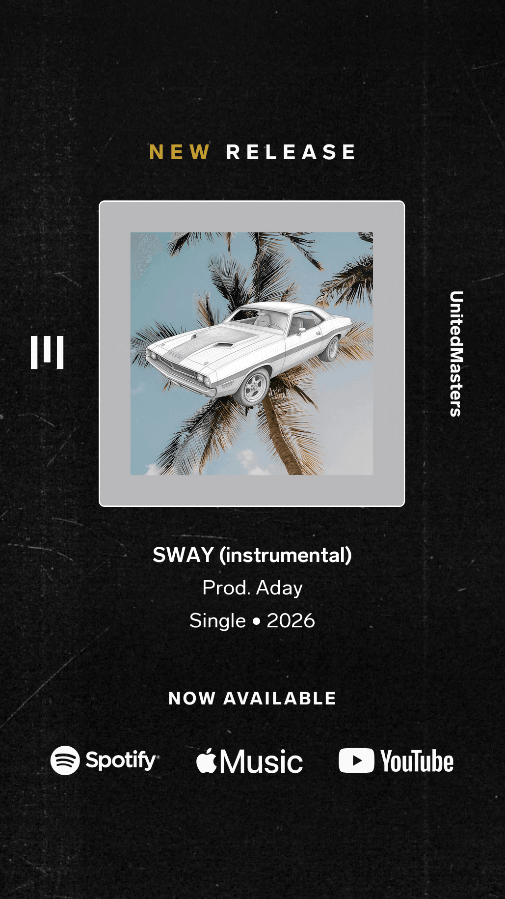 Album cover with a vintage car on a palm tree background, text about release and platforms, black background.