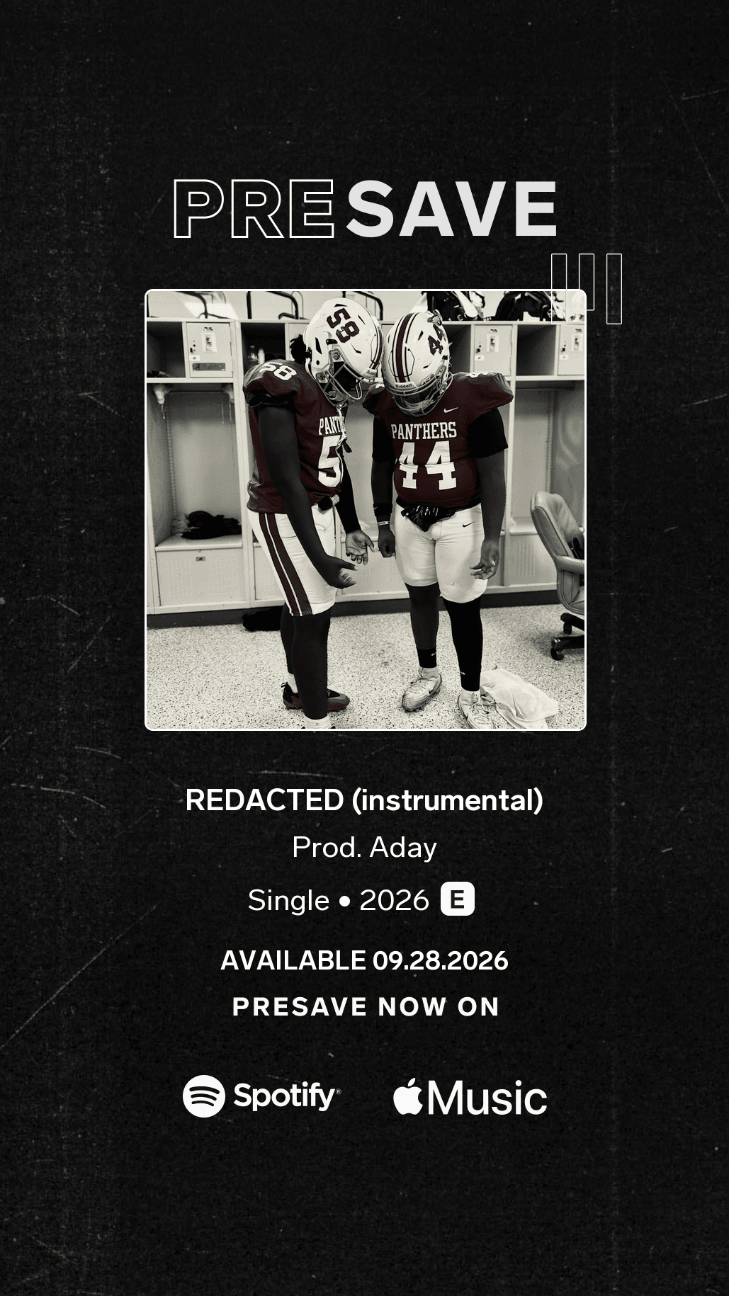 Black background with a photo of three football players in locker room, text about a music release, and streaming platform icons.