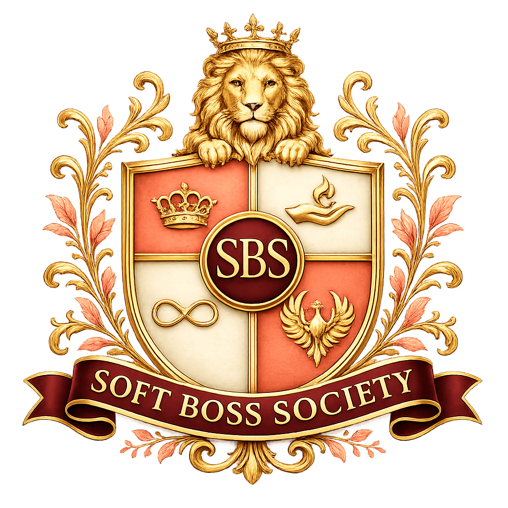 A crest with a lion, crown, dove, and phoenix, surrounded by floral designs, with a banner reading 'Soft Boss Society'.