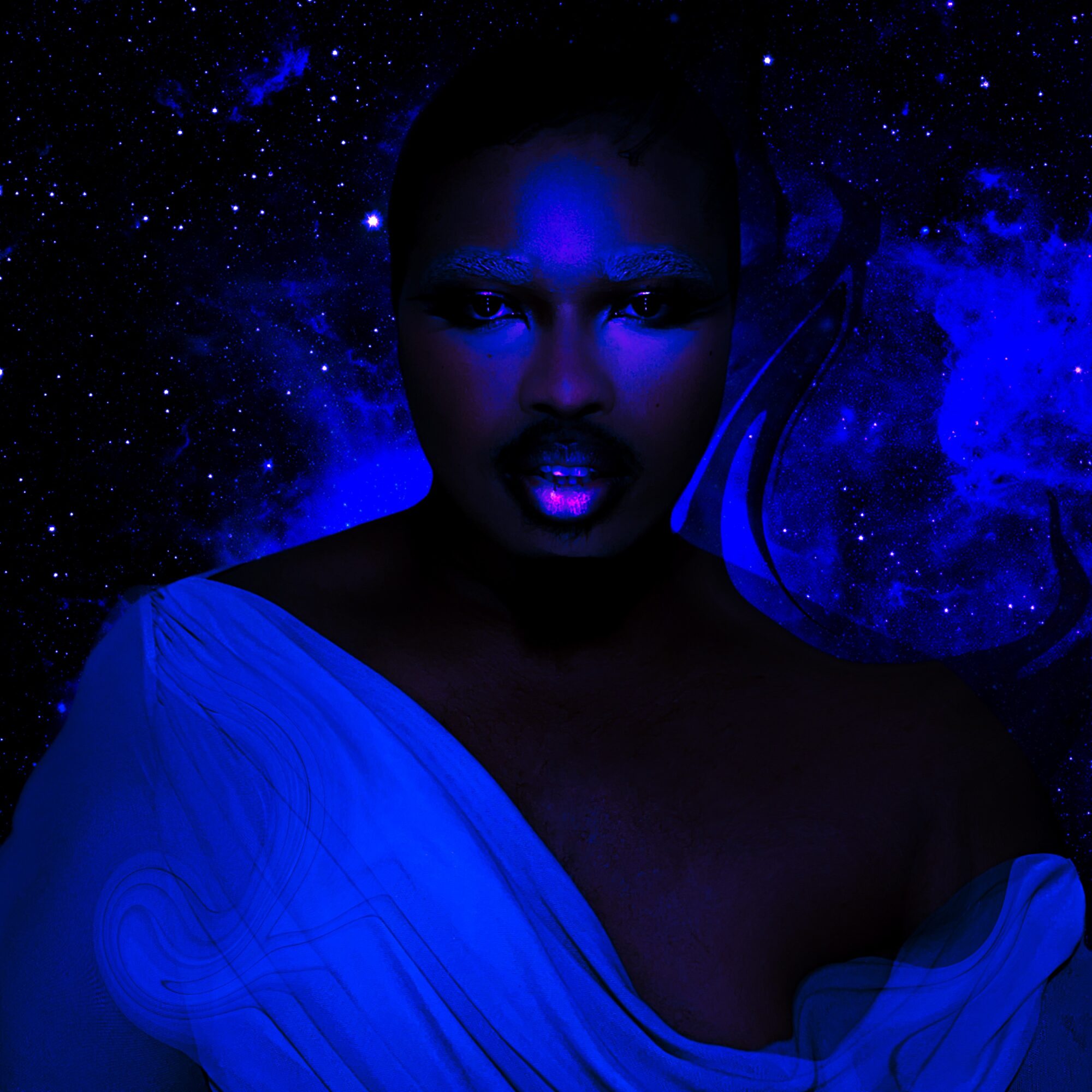 Portrait of a person with dark skin and short hair, illuminated by blue light, against a starry background.