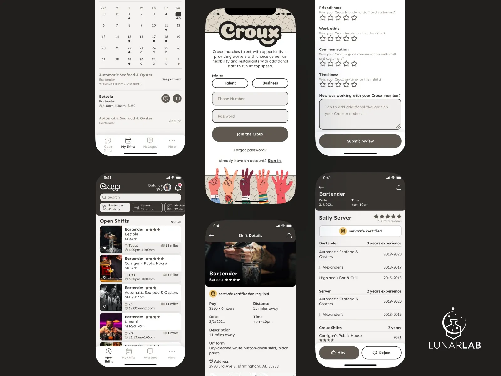Six screenshots of a mobile app interface, including login, menu, and chat screens, with a dark theme and colorful icons.