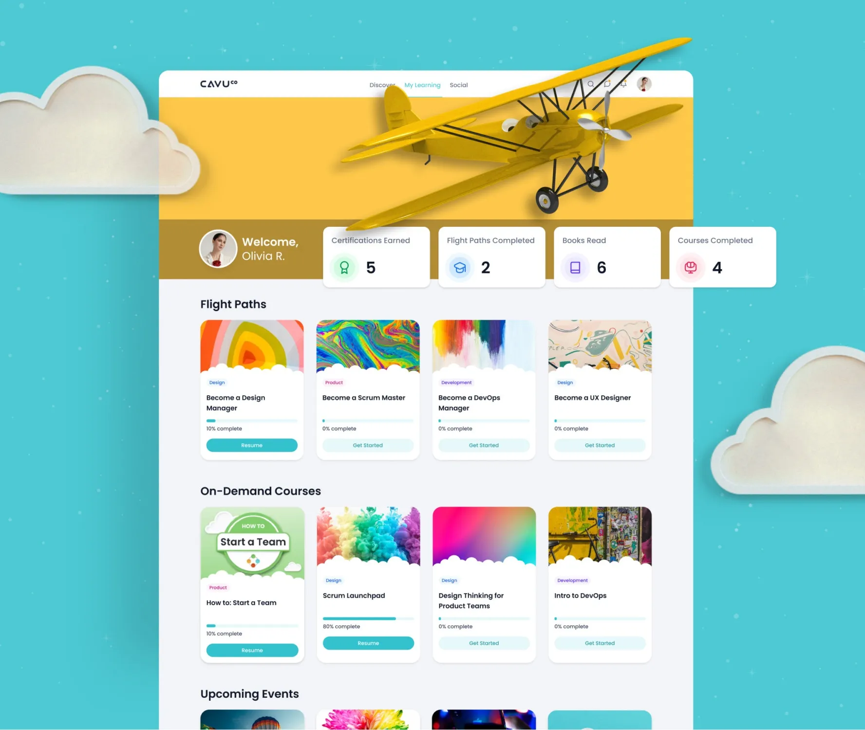 A yellow toy airplane on a webpage with flight paths, courses, and events, against a blue sky with clouds background.