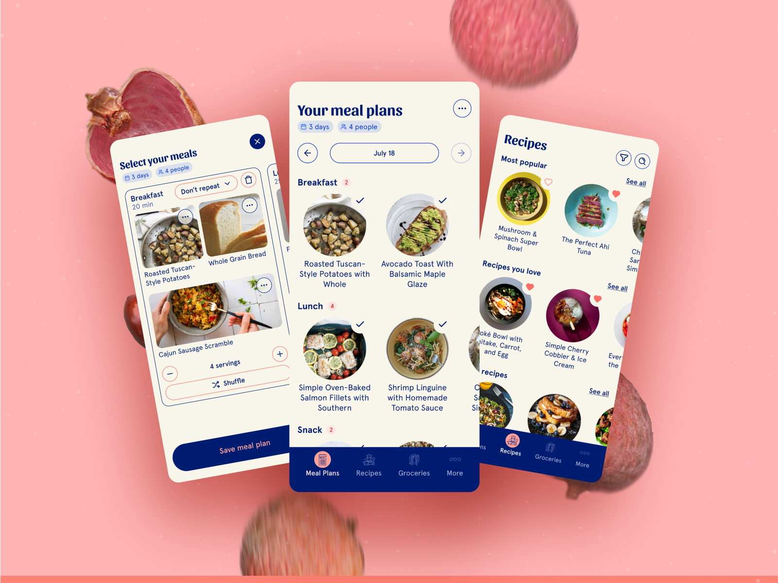 Three smartphone screens displaying meal planning and recipe apps against a pink background with strawberries.